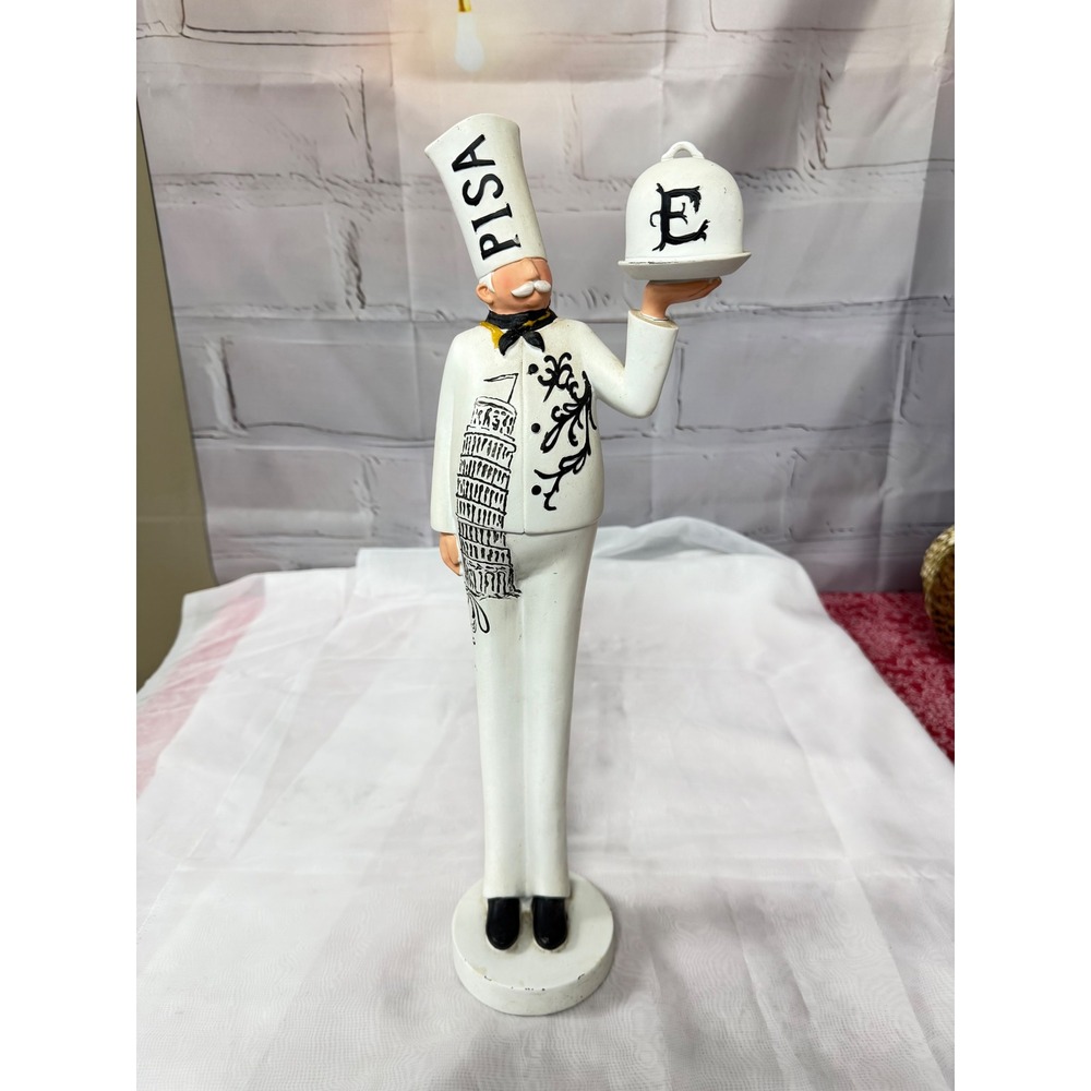 Italian Chef Figurine Pisa Leaning Tower Statue White Black Kitchen Decor 12in
